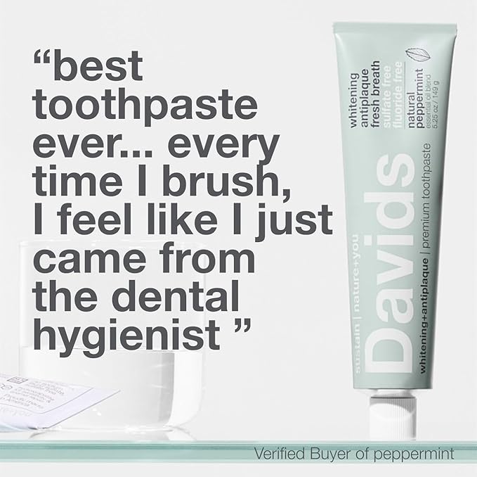 Davids Fluoride Free Toothpaste, Teeth Whitening, Antiplaque, SLS (Sulfate) Free, Promotes Enamel Health, Mouth & Gum Detox, EWG Verified, Natural Peppermint, 5.25oz (3 Pack)
