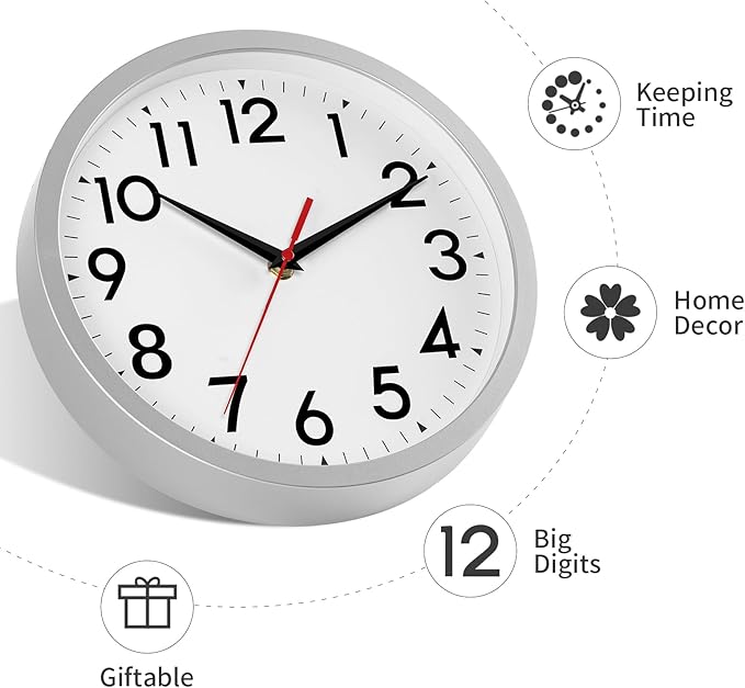 14 Inch Wall Clock Large Battery Operated Big Silent Non Ticking Analog Decorative for Living Room Office Kitchen Outdoor Classroom Bedroom Bathroom School Home(Silver)