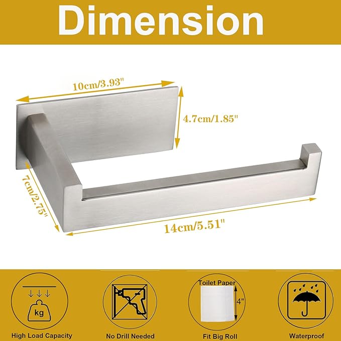Toilet Paper Holder, Self Adhesive Tissue Holder Stainless Steel Rustproof Paper Roll Holder, No Drilling Easy to Install, Toilet Paper Rack Suitable for Office, Bathroom (2, Brushed Nickel)