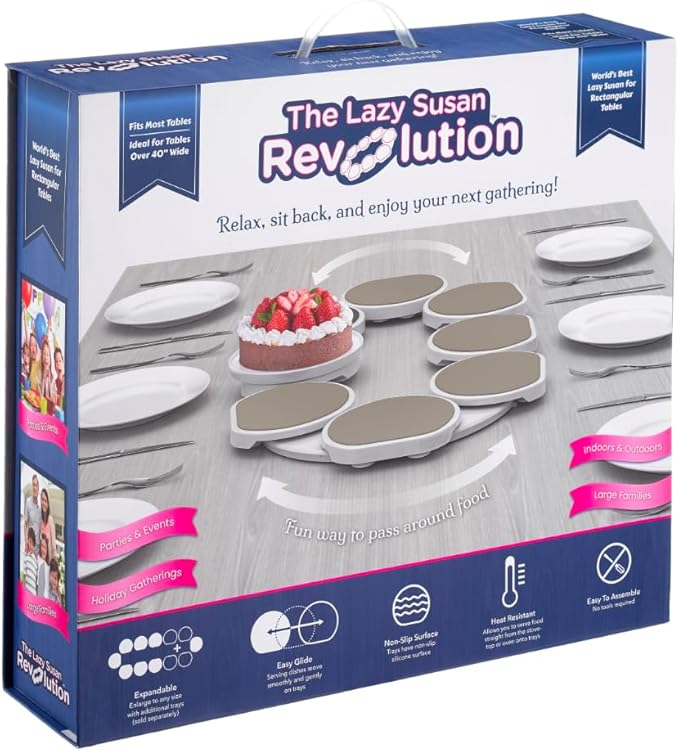 Full Set - Greige - The First Patented Lazy Susan Turntable Expandable for Rectangular & Oblong Tables - Kitchen & Dining Tables - Great Gift! Parties & Gatherings.