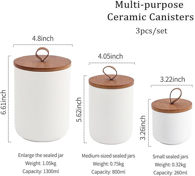 YYW Kitchen Canister Set for Countertop Set of 3, 9/28/45 oz Ceramic Food Storage Containers with Airtight Wood Lids, Food Saver Jars for Coffee, Tea, Candy, Flour(Three-piece suit in black)