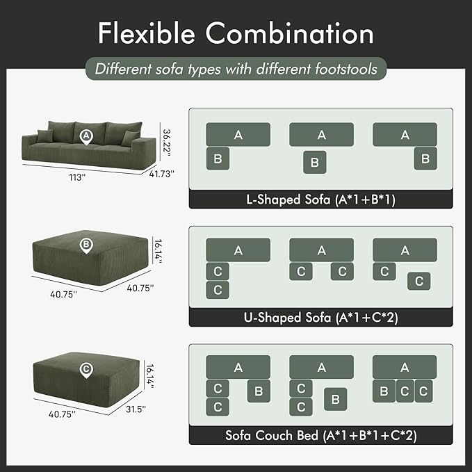 Boneless Sectional Cloud Couch Sofa for Living Room, 112" L-Shaped Modular Modern Lounge Sleeper Green Couches with Chaise, No Assemble, Cordury Compression Upholstered Sofas