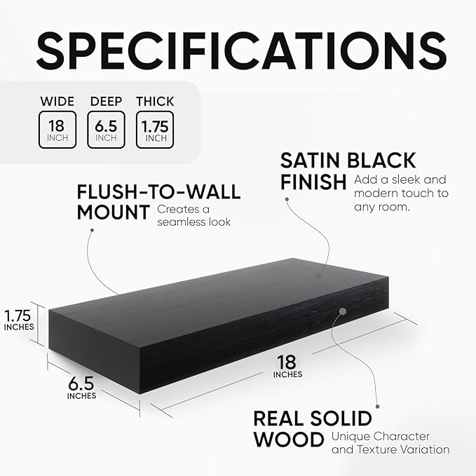 Homeforia Black Floating Shelf 18 inch, High End Solid Real Wood 18inch Bathroom Floating Shelves for Wall Mounted, Black Wooden 18in Floating Shelves, Heavy Duty Bracket, 18 X 6.5 X 1.75 in, Set of 2