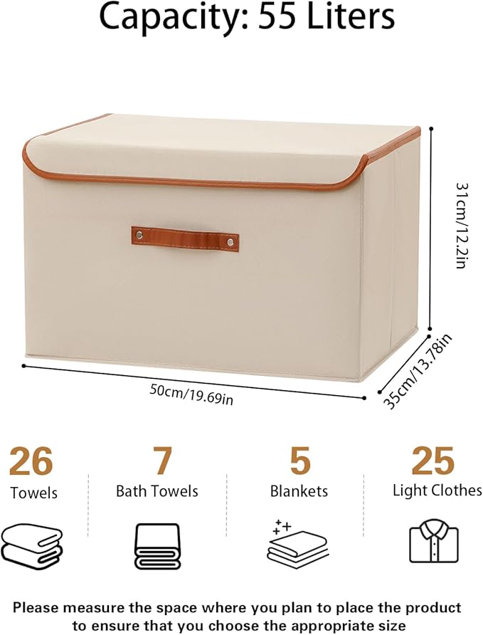 Tuza 2 Pack Large Fabric Storage Bins with Lids, Foldable Storage Boxes with Lids for Organizing, Decorative Storage Boxes with Handles for Home, Bedroom, Closet, Office(Khaki, Extra Large)