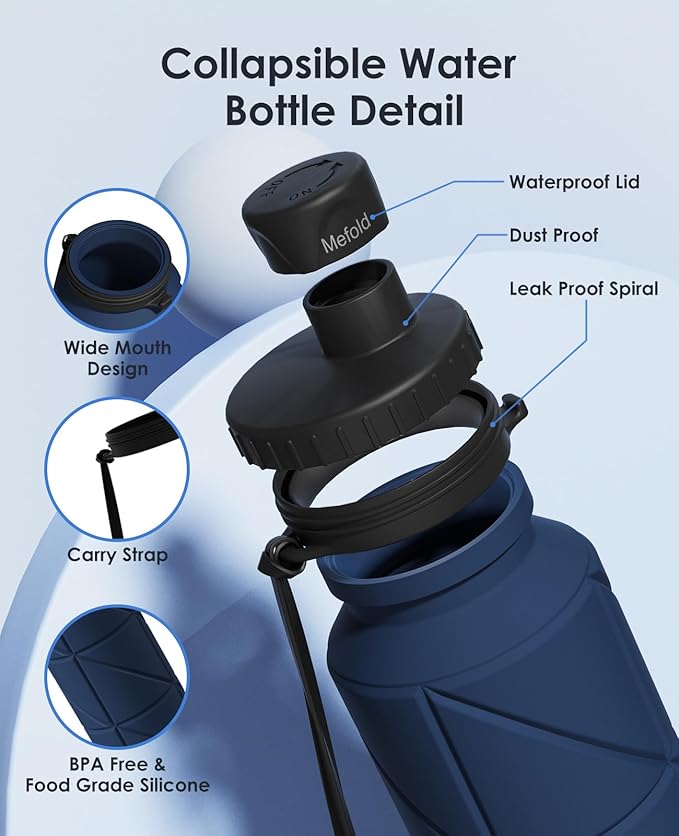 Collapsible Water Bottles,Leakproof BPA Free Silicone Foldable Portable Water Bottle 690ml(23oz),Lightweight Reusable Water bottle for Travel Cycling Gym Camping Sports Outdoor, DarkBlue