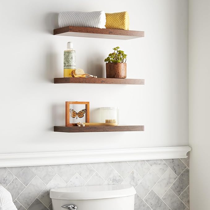 BAYKA Floating Shelves for Wall, 22.5 inches Wall Mounted Rustic Wood Shelves for Bathroom, Bedroom, Living Room, Floating Shelves for Books/Storage/Decor(Rustic Brown,Set of 3)