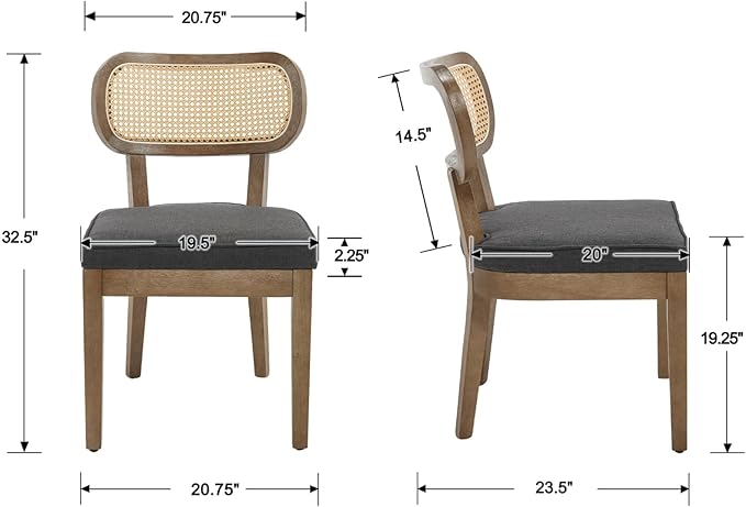 Rattan Dining Chairs Set of 4, Upholstered Linen Dining Room Chair with Cane Backrest Wooden Farmhouse Kitchen Chairs Armless Side Chair for Dining Room/Restaurant, Black
