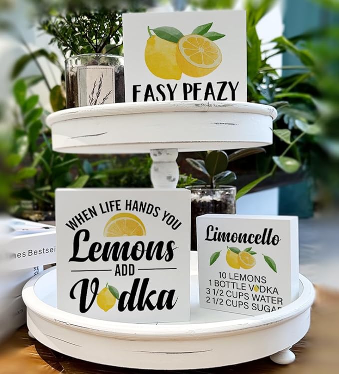 Summer Lemons Decor for Home Farmhouse Lemon Themed Tiered Tray Decor 3 Pcs Lemon Decorative Wood Box Signs Table Desk Shelf Kitchen Decoration