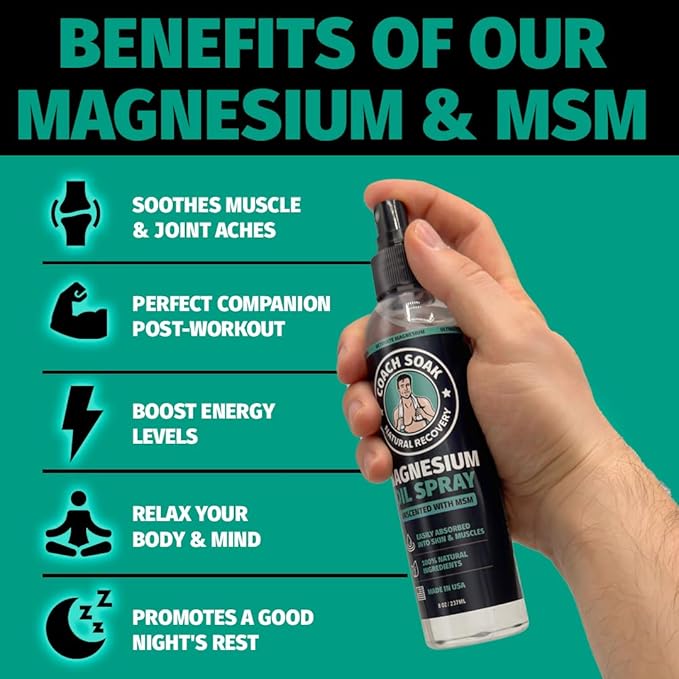 Coach Soak Magnesium Recovery Value Bundle - Flakes Bath Soak + Oil Spray + Lotion with MSM (Cooling Menthol, 3-Pack)