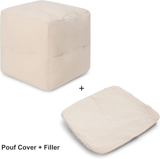 REDEARTH · Tufted Pouf Ottoman with Filler Textured Storage Cube Bean Bag Pouffe Footrest for Living Room, Bedroom, Nursery, Kidsroom; 100% Cotton (17.5"X17.5"X17.5", Geometric Craft Black)