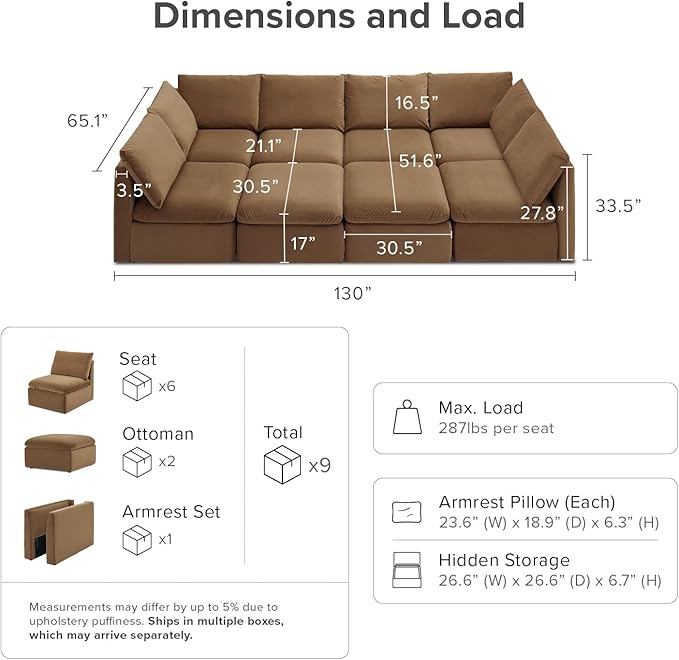 mopio Oversized Modular Sectional Sofa with Fully Removable Covers and Storage, Convertible U, L-Shaped and Sleeper Sectional, Modern Couches with Ottoman Chaise (Hazelnut Velvet, 8 Seats, Sleeper)