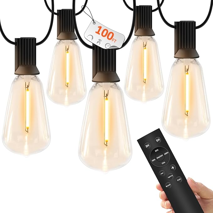 100 FT Outdoor String Lights for Outside, IP65 Waterproof ST38 LED Shatterproof Bulbs, Dimmable & Timable, 3 Light Modes, Hanging Patio Edison Lights for Porch Backyard Cafe Bistro