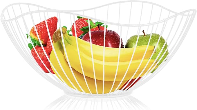 Metal Wire Fruit Basket, White Fruit Bowl for Kitchen Counter, Fruit Holder Stand Storage Baskets for Countertop, Home Decor, Table Centerpieces, Vegetable Bowls for Fruits, Veggies, Snacks (White)