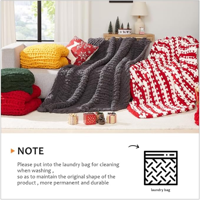 L'AGRATY Chunky Knit Blanket Throw - Soft Chunky Throw Blanket 30x40: 100% Hand Kintted Chenile Crochet Throw Blanket for Couch - Large Cable Knit Chunky Blanket for Home Decor(Dark Grey)