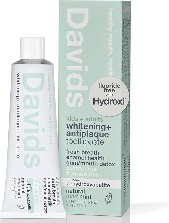 Davids Hydroxi Mild Mint Fluoride Free Nano Hydroxyapatite Toothpaste for Enamel Health & Whitening, Antiplaque, SLS Free, Kid Friendly Gentle Mint Flavor, 4 oz, Made in USA