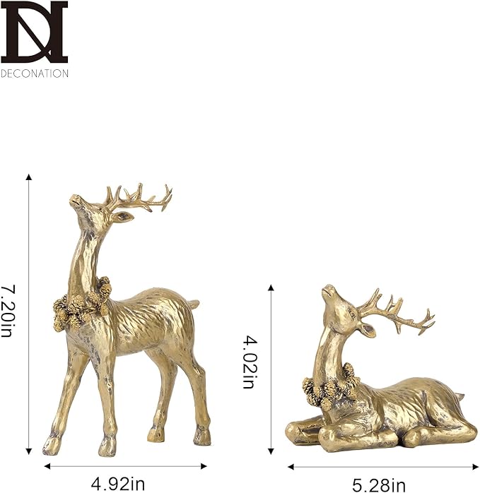 DN DECONATION 2pcs Gold Christmas Reindeer Statue, Christmas Clearance Small Resin Reindeer Figurine Indoor, Tabletop Reindeer Christmas Decor, Deer Figurine Decorations for Home
