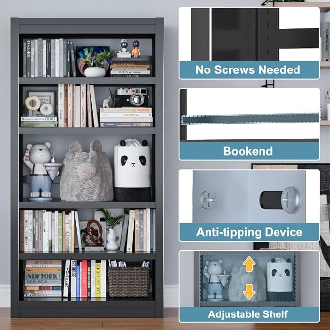 Bookshelf, 5-Tier Sturdy Bookcase, Adjustable Book Shelf, Large Capacity per Shelf, Modern Book Shelf for Living Room, Home Office, Garage, Perfect for Home Organization & Small Space Living