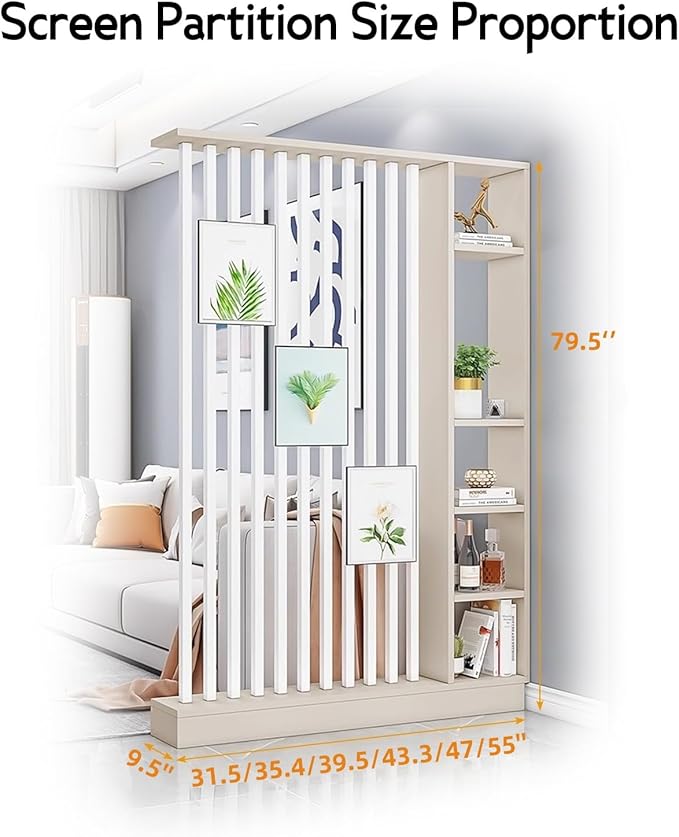 Wall Room Divider, Storage Cabinet Storage Display with Shelves, Modern Freestanding Wood Room Divider Screen, Wall Privacy Screens for Home Decorative (Beige+White,55" L x 9.5" W x 79.5" H)