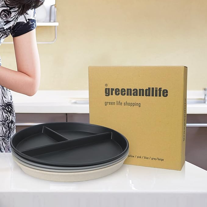 greenandlife 10 Inch 4PCS Unbreakable Portion Control Plates, Divided Plates for Kids Adults, Dishwasher & Microwave Safe Compartment Plate, Lightweight Reusable Wheat Straw plate, BPA Free