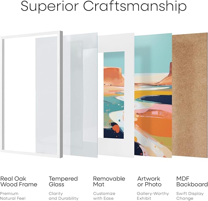 Homeforia 8x12 Picture Frame White, High End Oak 8 x 12 Wood Frames with Mat 6 by 8 Print, 8by12 Wooden Frame Matted to 6x8 inch Photo, 12x8 Wall or Tabletop Frames, Tempered Glass, Wall Kit, Set of 1