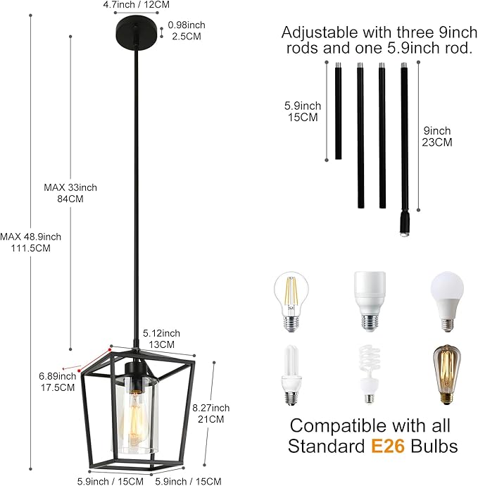 2 Pack 1-Light Black Pendant Lights for Kitchen Island, Farmhouse Metal Pendant Light Iron Cage Hanging Light Fixtures with Clear Glass Shade for Dining Room, Entryway, Hallway, Foyer