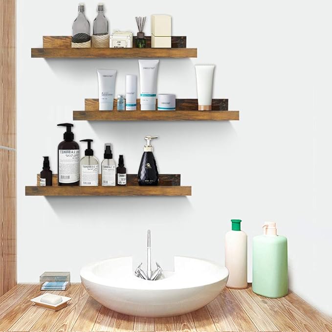 Giftgarden 16 Inch Floating Shelves for Wall Set of 3, Rustic Wall Mounted Picture Ledge Wooden Wall Shelf for Living Room Bedroom Kitchen Bathroom, 3 Different Sizes