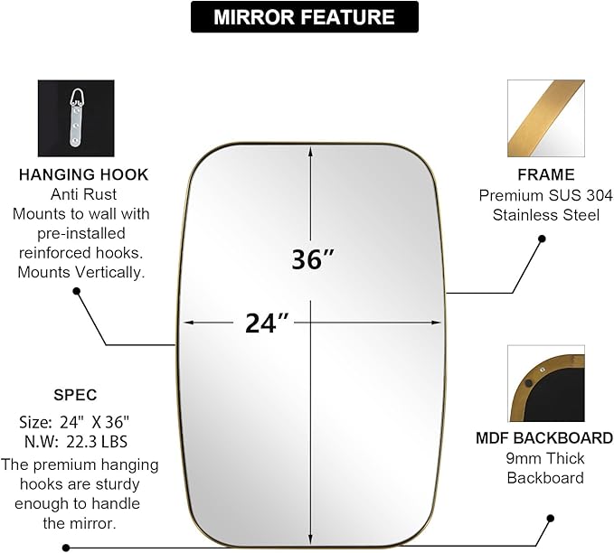 ANDY STAR Gold Oval Mirrors for Bathroom, Large 24x36’’ Brushed Gold Metal Framed Oblong Wall Mirror, Modern Brass Vanity Mirror in Stainless Steel Frame Wall Mount Horizontal or Vertical