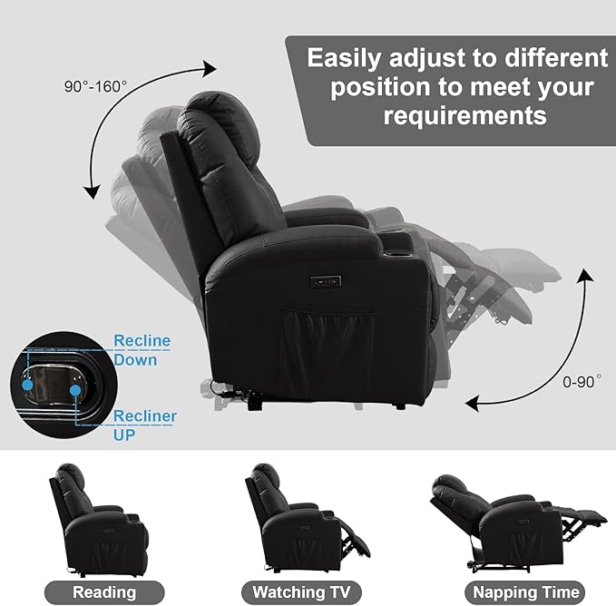 Power Recliner Chair with Heat and Massage, PU Leather Home Theater Seating with LED Lights/Cup Holders/Side Pocket/USB Port, Reclining Sofa Chair for Living Room (2, Black)