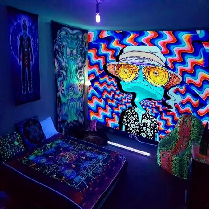 ADDWel Blacklight Frog Tapestry, Hippie Alien Tapestry Glow In The Dark, UV Reactive Black Light Upright Posters Wall Hanging for Bedroom Dorm Living Room Backdrop Decor