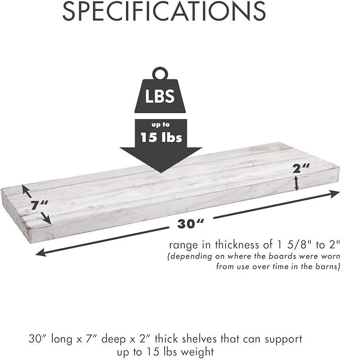 Urban Legacy Reclaimed Barnwood Planks | Floating Shelves for Wall w/Flush Mount Shelf Bracket Set Included | Set of 2 (White Wash, 30"x7"x 2")