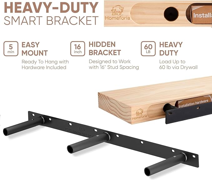 Homeforia Floating 60 inch Oak Shelves, High End Solid Real Wood 60inch Floating Shelf for Wall Mounted, Honey Oak Wooden 60in Large Floating Shelves, Heavy Duty Bracket, 60 X 6.5 X 1.75 in, Set of 2