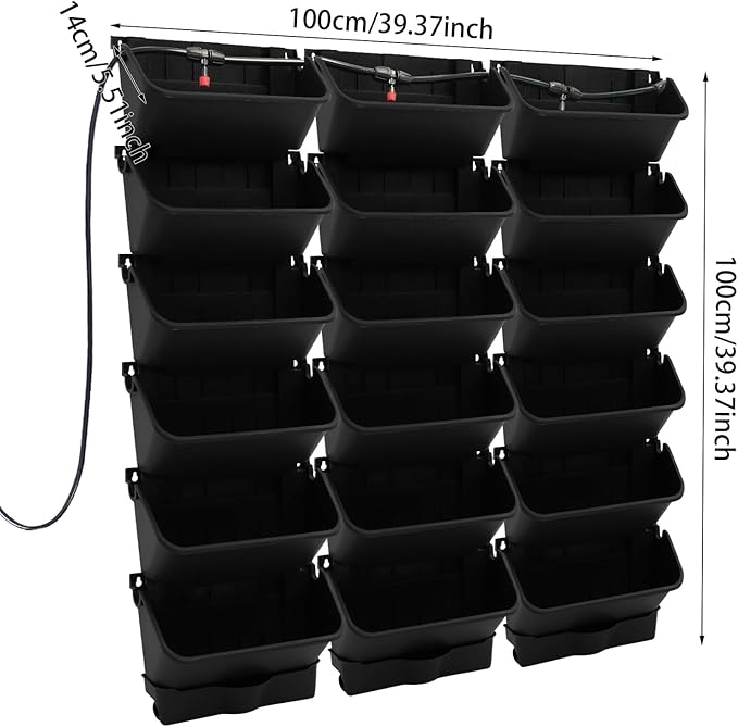 18 Pots Self-Watering Vertical Wall Planter, 39.4”L x 39.4”H Stackable Plastic Wall-Mounted Plant Grow Pots, Wall Hang Garden Planter Outdoor Indoor for Herbs Flowers Strawberries (Black)