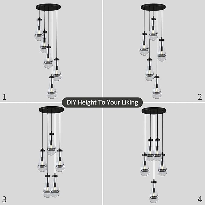 Bronze 5 Light Raindrop Chandeliers, Black Cluster Pendant Light Teardrop Dining Room Light Fixture Pendant Lights Kitchen Island, Hanging Ceiling Pendant Lighting for Entryway Living Room