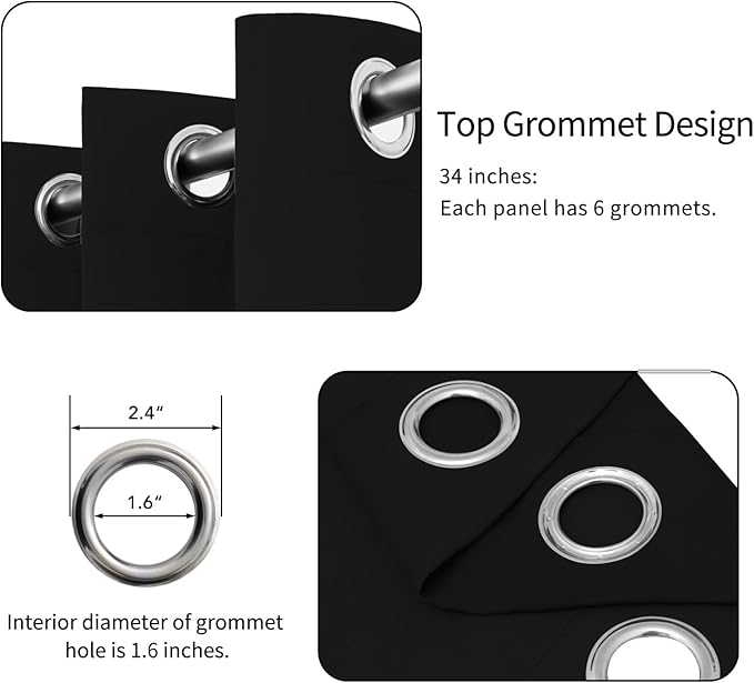 Easy-Going Blackout Curtains for Bedroom, Solid Thermal Insulated Grommet and Noise Reduction Window Drapes, Room Darkening Curtains for Living Room, 2 Panels (34x54 in, Black)