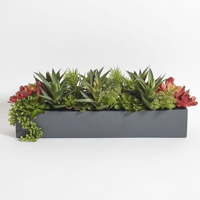 Oblong Faux Succulent Arrangement, Premium Artificial Indoor Plant Enhances Interior Design, Display on any Surface in Your Home Adding an Inviting Touch of Nature, Grey Planter Pot Included