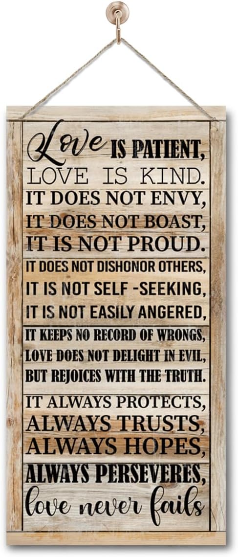 1 Corinthians 13:4-8 Inspirational Hanging Wood Decor Sign, Printed Wood Sign, Love is Patient, Love is Kind Quote, Hanging Bible Verses Woods Wall Signs, Rustic Home Decor Signs, Christian Gift E1