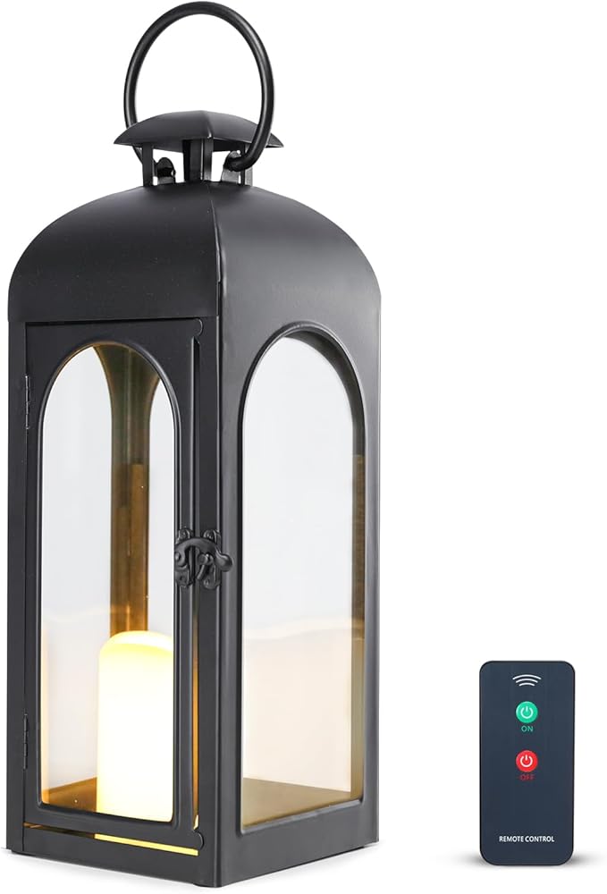 Bdor 16 Inches Metal and Stainless Steel Glass Decorative Lantern with Electronic Wax Effect - Indoor/Outdoor Decorative Lighting, Handcrafted Aesthetic, Perfect for Home, Parties, and Holiday Decor