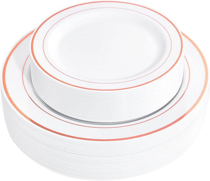 FLOWERCAT 60PCS Rose Gold Plastic Plates - Heavy Duty Rose Gold Plates Disposable for Party Wedding- Include 30PCS 10.25inch Dinner Plates and 30PCS 7.5inch Dessert Plates