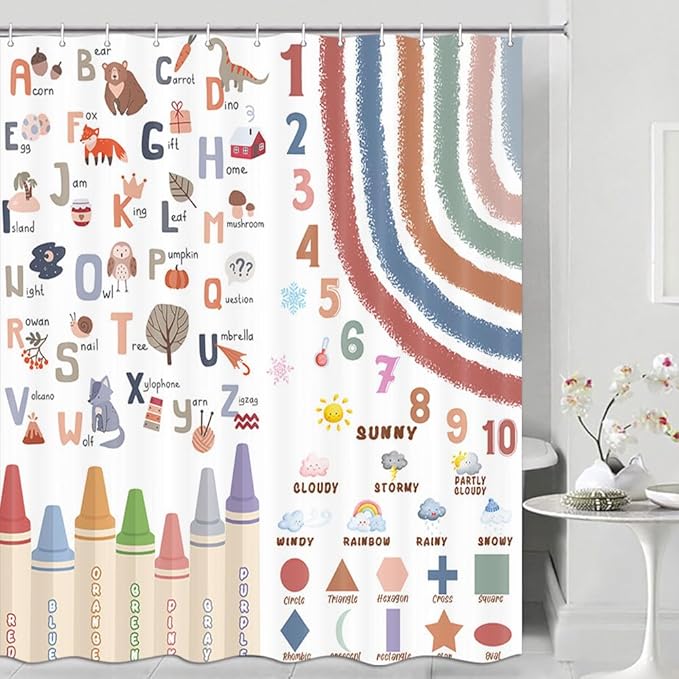 Kids Alphabet Shower Curtain, Funny Cartoon Animal ABC Learning Bath Curtain 72 x 96 Inch, Educational Boys Girls Children Bathroom Curatin Decoration Waterproof with Hooks Washable