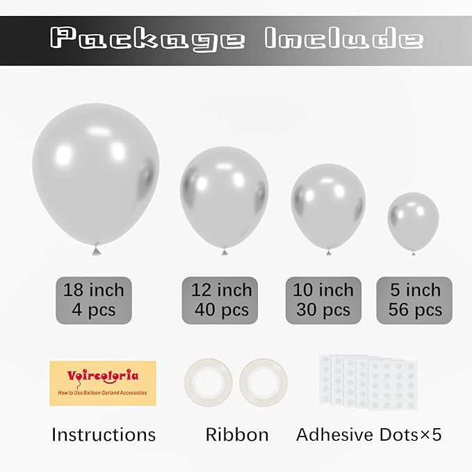 130pcs Metallic Silver Balloons Different Sizes 18" 12" 10" 5" Chrome Silver Balloon Garland Arch Kit for Graduation Birthday Baby Shower Wedding Anniversary New Year Party Decorations