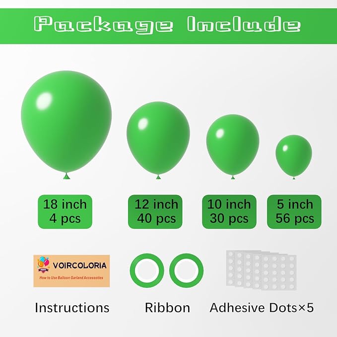 130pcs Green Balloons Different Sizes 18" 12" 10" 5" Party Latex Balloons for Birthday Dinosaur Baby Shower St. Patrick's Day Summer Jungle Forest Safari Party Decorations