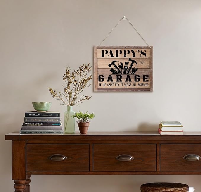 Rustic Sign, Father's Day Gift, Dad's Gift, Grandpa's Gift, Decor Hanging Wood Signs, Printed Wood Wall Art Sign, Pappy's Garage, If He Can't Fix It We're All Screwed, Vintage Sign Gift for Grandpa