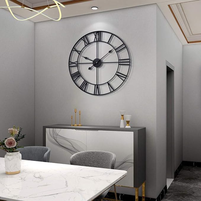LEIKE 16" Large Wall Clocks Battery Operated, Round Modern Silent Non-Ticking Black Metal Wall Clock for Living Room Decor, Bedroom Kitchen (40cm Diameter, Black Roman Number)