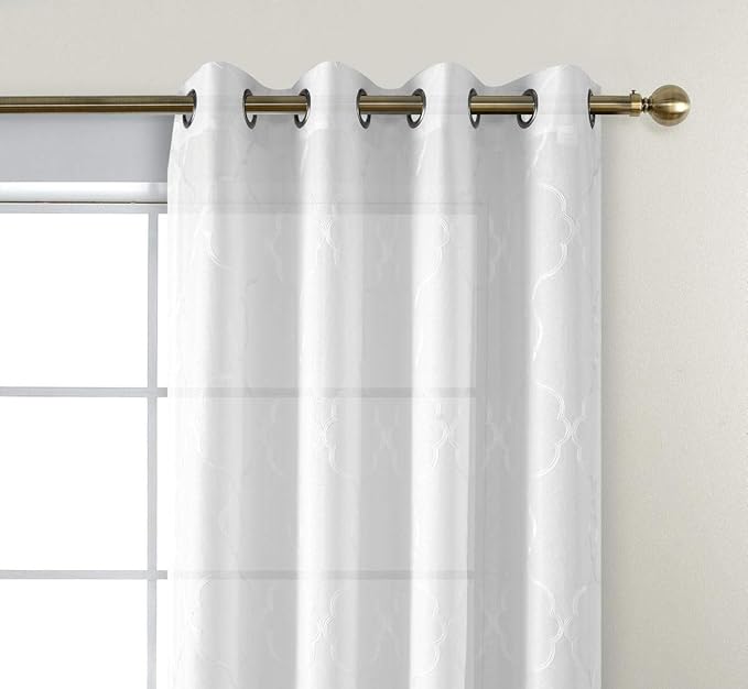 MIUCO Moroccan Embroidered Semi Sheer Curtains Faux Linen Grommet Window Curtains for Bedroom Living Room 84 Inches Long 2 Panels, Pure White