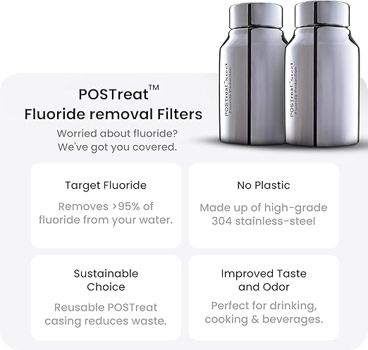 3.25 Gallons NSF Certified AISI 304 Stainless Steel Water Filter with 2 Smart Carbon (Black) Filters, 2 POSTreat Steel Fluoride Removal Elements & Free Stainless Steel Spigot