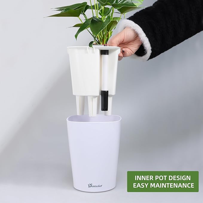 Dexceder 6x7 Self Watering Planter Indoor Outdoor, High Gloss Table Flower Plant Pot with Water Level Indicator (White)