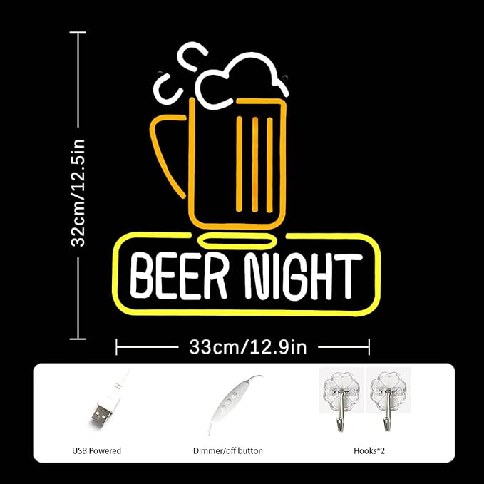 Beer Night Neon Sign for Man Cave Bar Decor Yellow White Beer Neon Light Bar Neon Sign Wall Art for Bedroom Beer Pub Man Cave Restaurant Party Decor