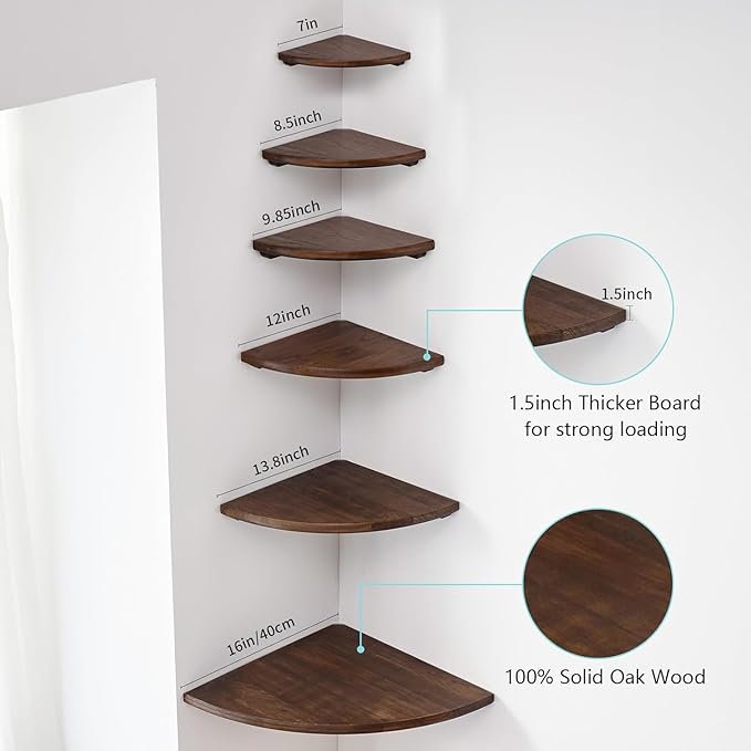 Corner Shelf, 7inch Solid Walnut Wood Floating Corner Shelf Wall Mount Round End Floating Speaker Rack with Wire Hole for Small Plant Photo Frame for Bedroom Kitchen, Living Room