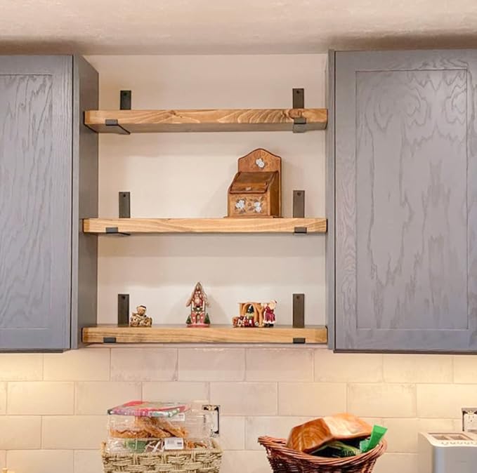 Rustic Shelves with J-Brackets Set of 2, Industrial Shelf, Kitchen Shelves, Solid Wood, Decorative Wall Storage, Heavy Duty, URBANDI (Brown, 24Wx12D)