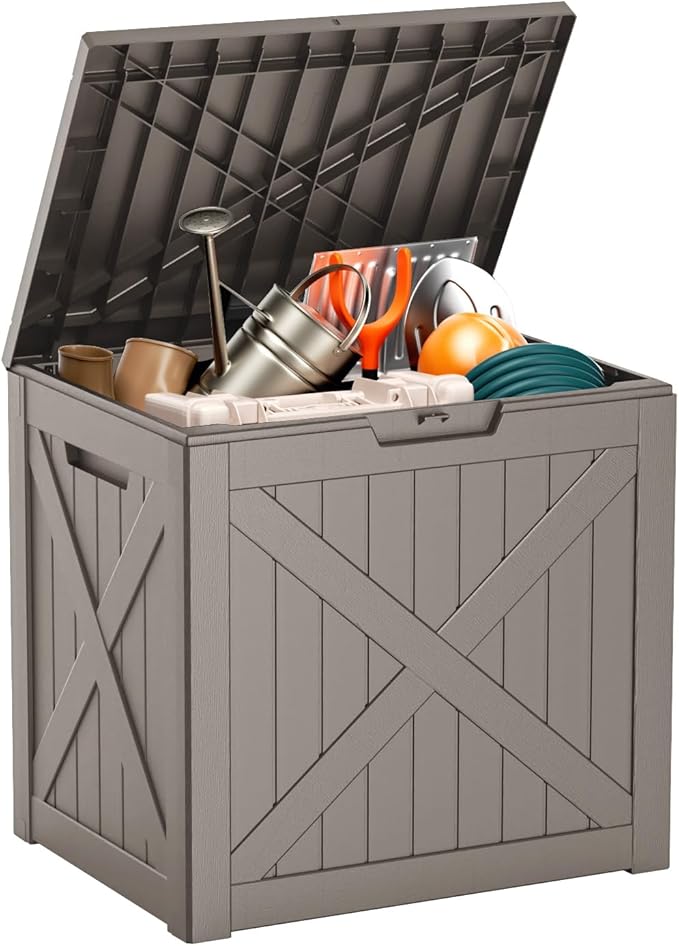 32 Gallon Resin Deck Box, Lockable Outdoor Storage Box for Patio Cushions Storage Furniture,Garden Tools, Pool Supplies, Weatherproof and UV Resistant (Grey X)